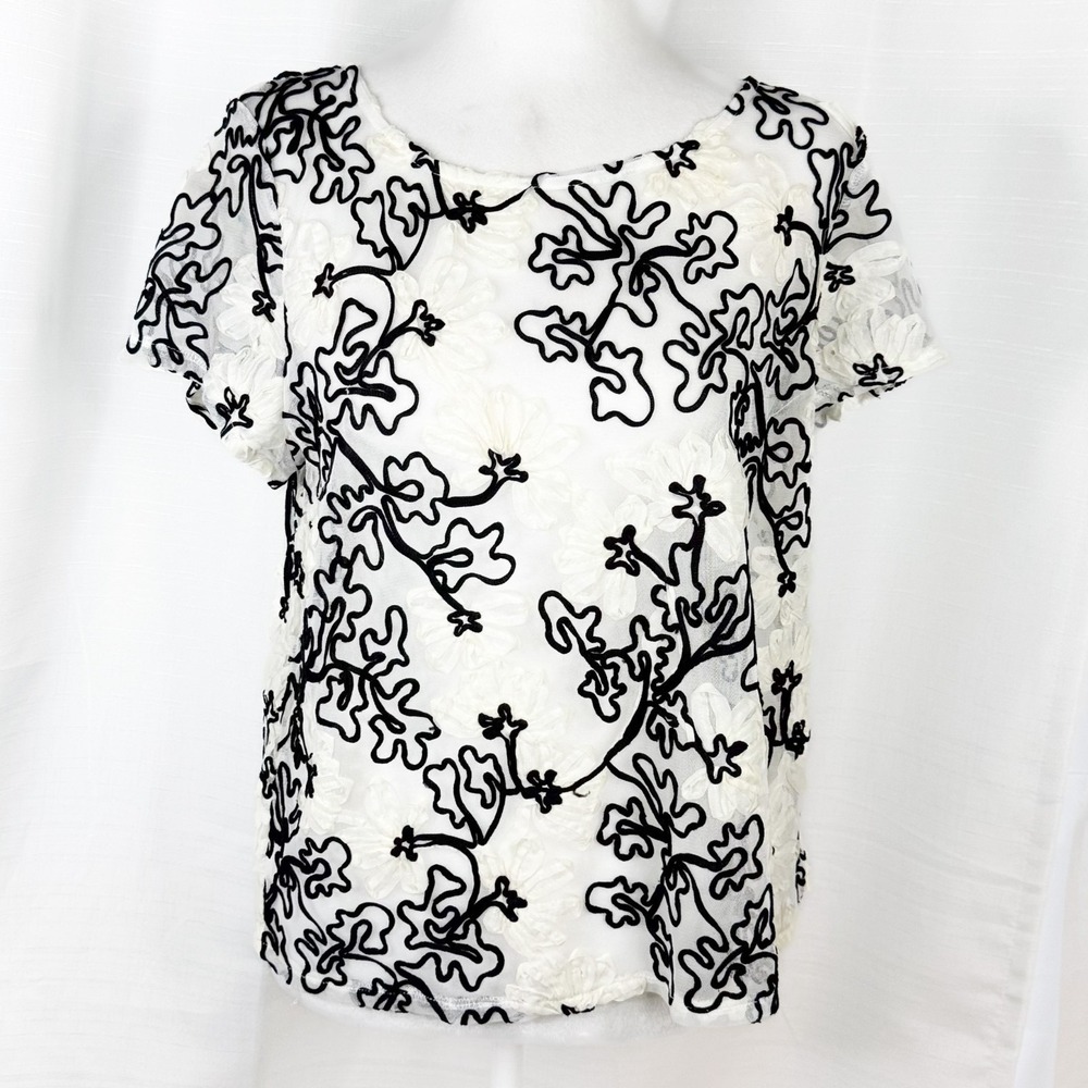Meadow Rue Anthropologie Cherry Blossom Blouse Womens M Sheer Floral Applique